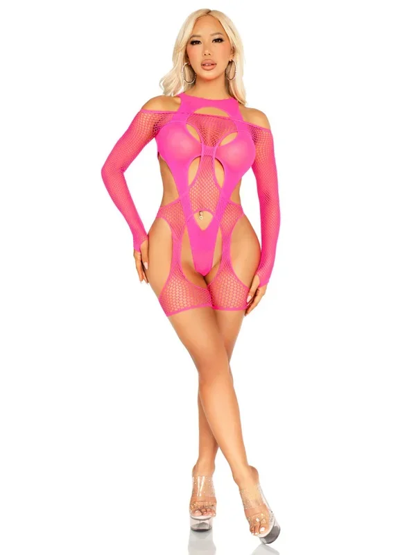 2 Pc Fishnet Garter Harness and Opaque Cut-Out Teddy O/s – Neon Pink