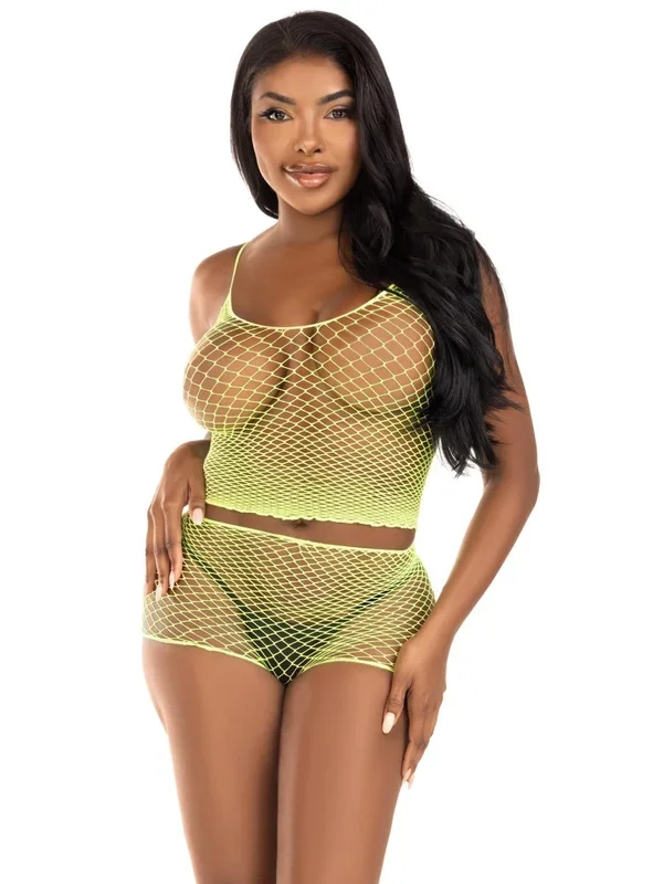 2 Pc Net Tank Top With Boy Shorts – One Size – Lime