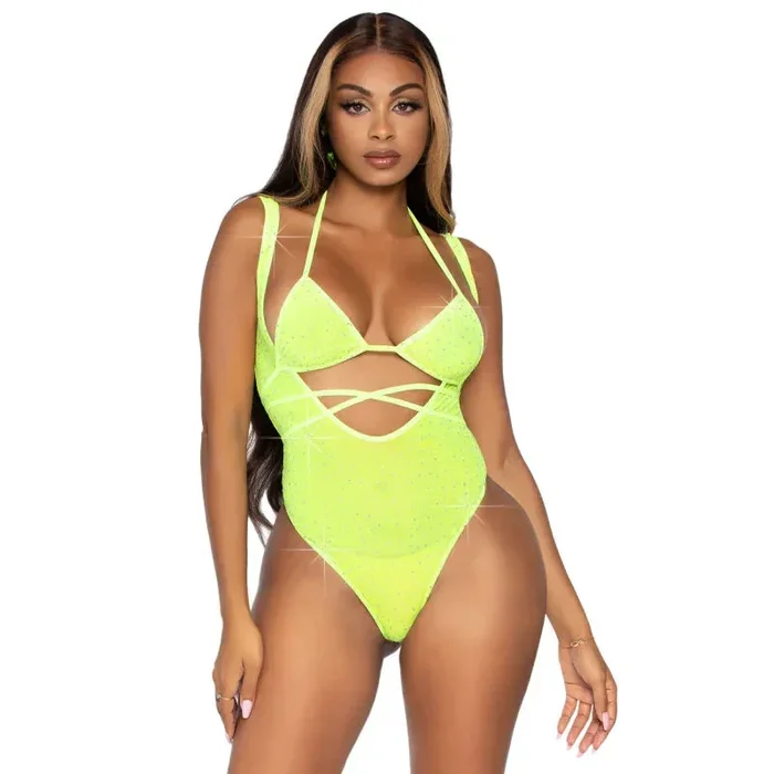 2 Pc. Rhinestone Wrap Around Bikini Top and Suspender Body Suit – One Size – Neon Yellow