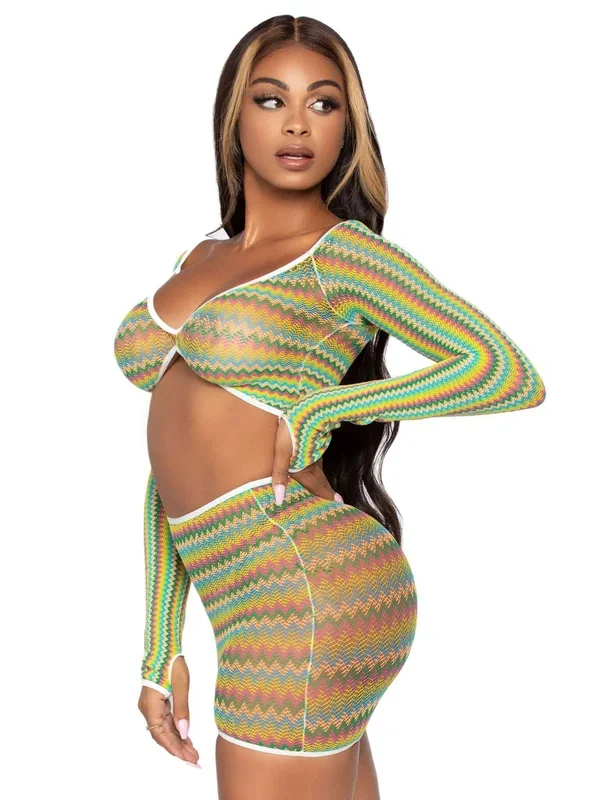 2 Pc Zig Zag Net Crop Top and Mini Dress – One Size – Green