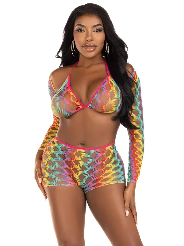 3 Pc Net Bra Top With Shrug and Boy Shorts – One Size – Multicolor