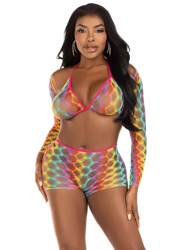 3 Pc Net Bra Top With Shrug and Boy Shorts – One Size – Multicolor