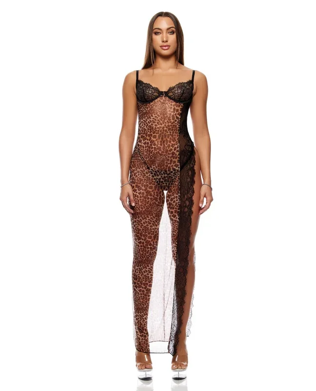 Animal Instincts Sheer Mesh and Lace Gown w/Thong 2 pc Set – Animal MD