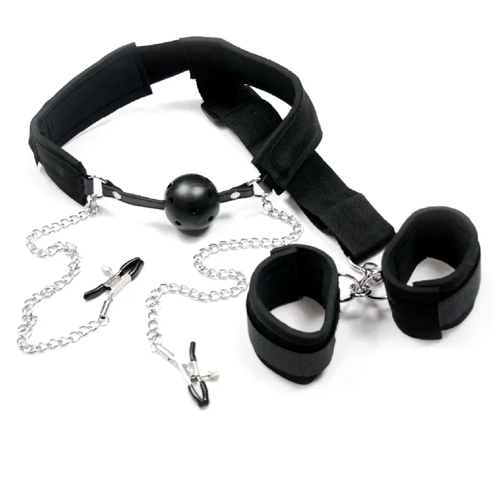 Ball Gag, Nipple Clamp, and Bondage Restraint System
