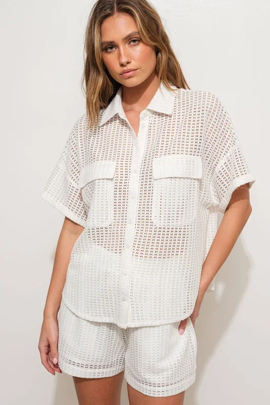 Barely Hanging On Crochet Button Down Top