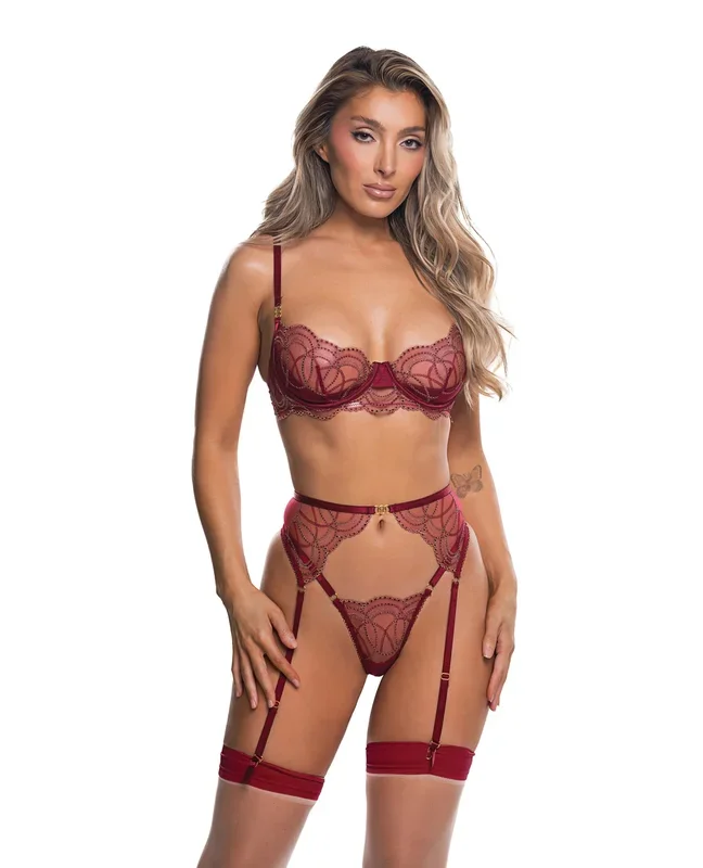 Beaded Belle Metallic Embroidered w/Bead Lace Top, Thong & Garter 3 pc Set – Red XS
