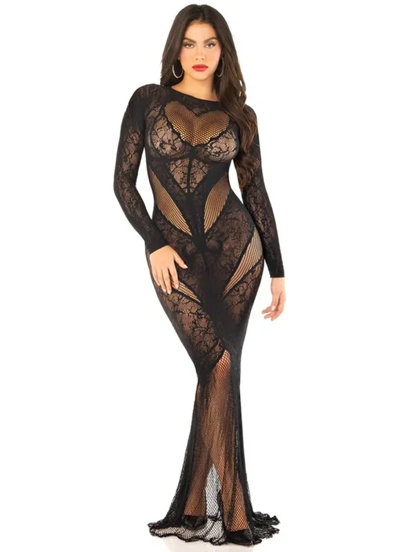 Black Lace and Net Body Con Gown – With Heart Keyhole Detail – Os