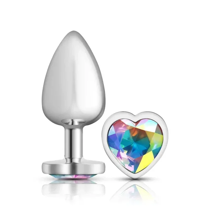 Cheeky Charms – Silver Metal Butt Plug – Heart – Clear – Large