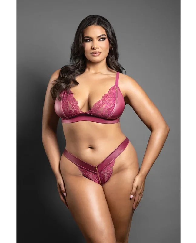 Domina Lace Bralette & Panty in Leatherette w/Zipper Detail – Berry QN