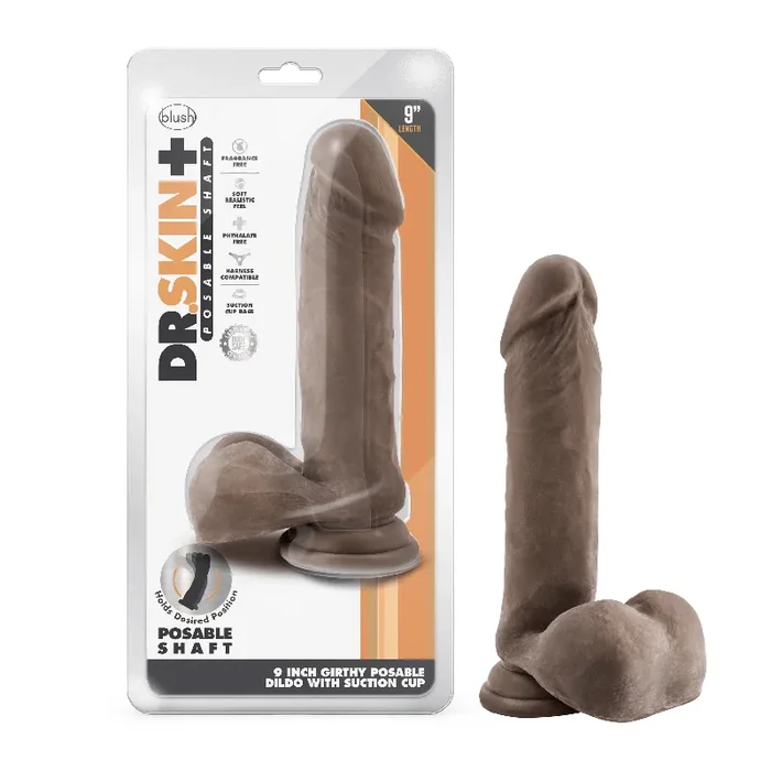 Dr. Skin Plus – 9 Inch Thick Posable Dildo With Balls – Chocolate