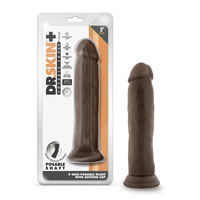 Dr. Skin Plus By Blush® | Realistic Chocolate 9.25-Inch Long Soft Yet Erect & Posable Dildo With Suction Cup Base