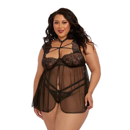 Dreamgirl Plus-/size Lace Babydoll With Thong Black 1X Hanging