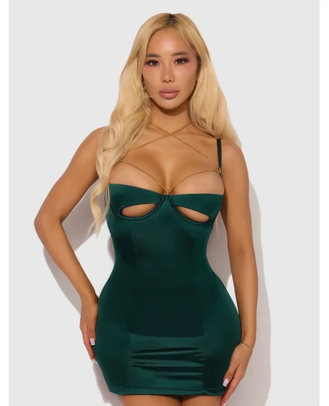 Evangeline Satin & Chain Open Cup & Back Chemise & G-String Set – Green XL