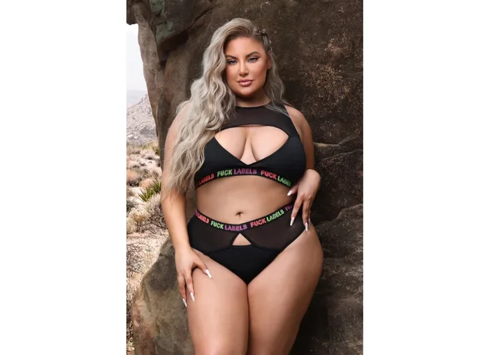 Fantasy Lingerie Fuck Labels Keyhole Top & High Waist Bottoms with UV Reactive Elastic Black