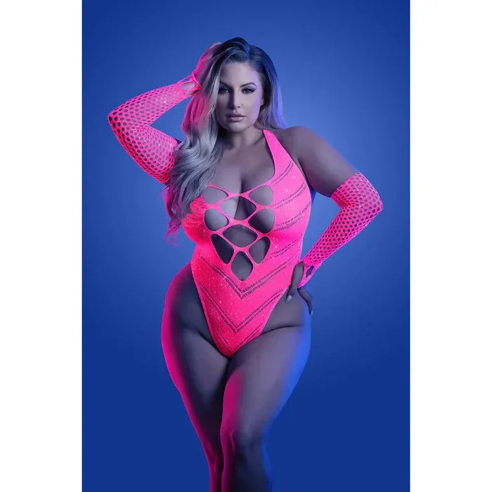 Fantasy Lingerie Glow Flashback UV Reactive Rhinestone Fishnet Teddy & Gloves/Warmers