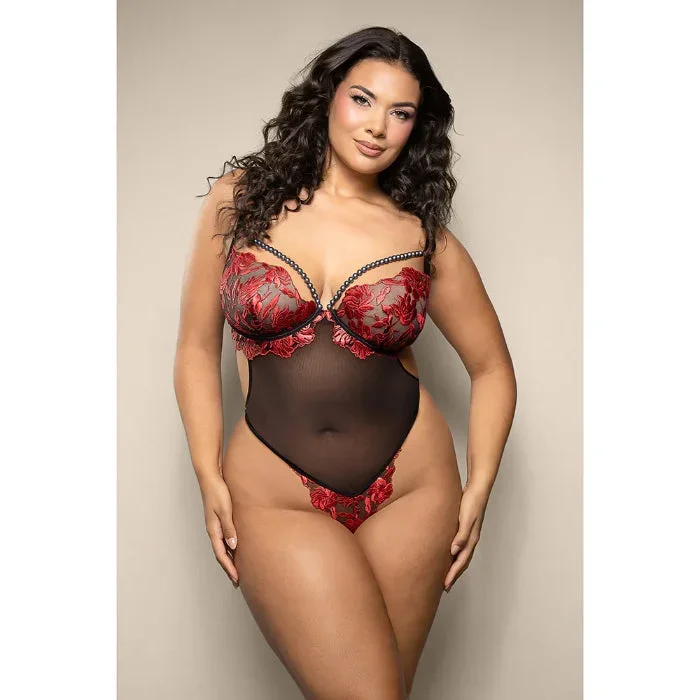 Fantasy Lingerie Opulence Floral Embroidered Mesh Teddy with Underwire Pearl Cups & Pearl String