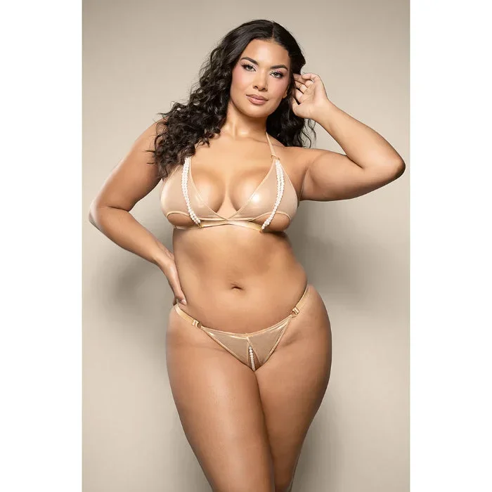 Fantasy Lingerie Opulence Foiled Mesh Cut-Out Pearl Halter Bralette & Crotchless Pearl Panty