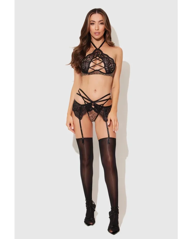 Felicia Mesh and Lace Bralette w/Garter & G-String 3 pc Set – Leopard SM