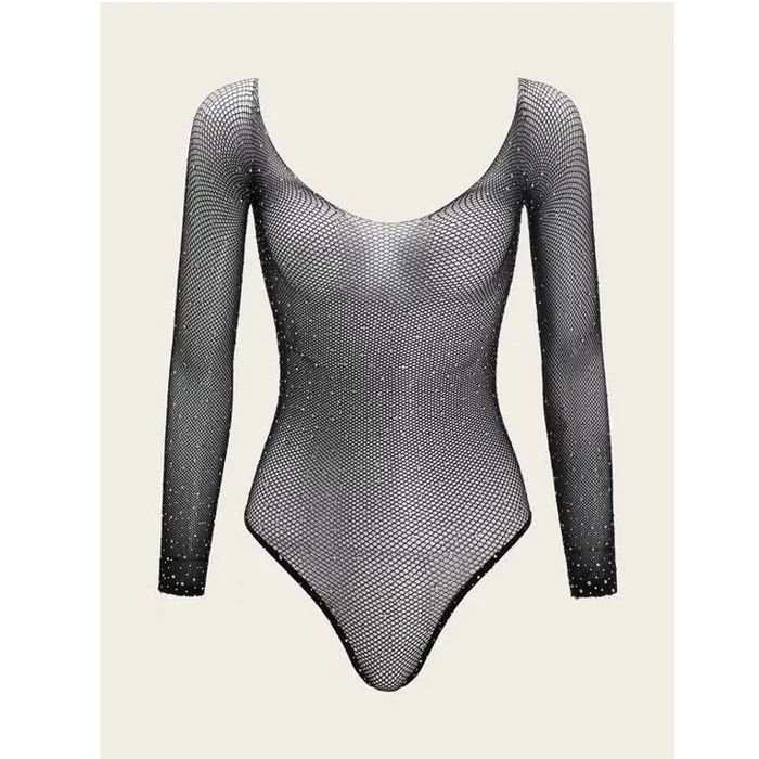 Fishnet Long Sleeved Rhinestone Studded Teddy Bodysuit (One Size)