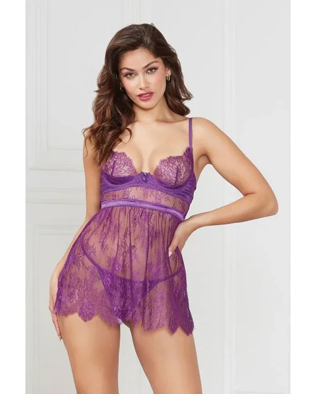 Floral Eyelash Lace Underwire Babydoll w/Thong 2 pc Set – Purple SM