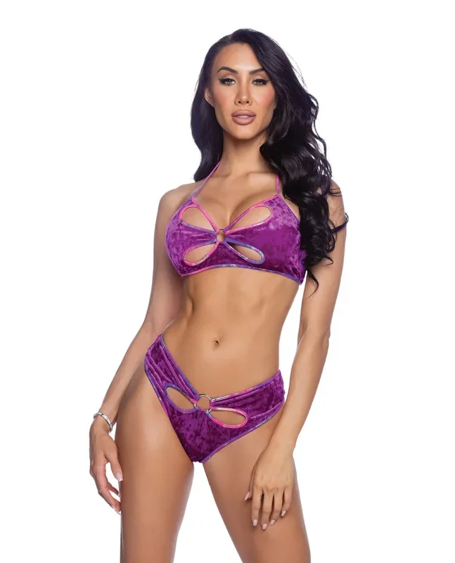 Flower Halter Cut Out Tie Back Top w/Panty 2 pc Set – Purple S/M