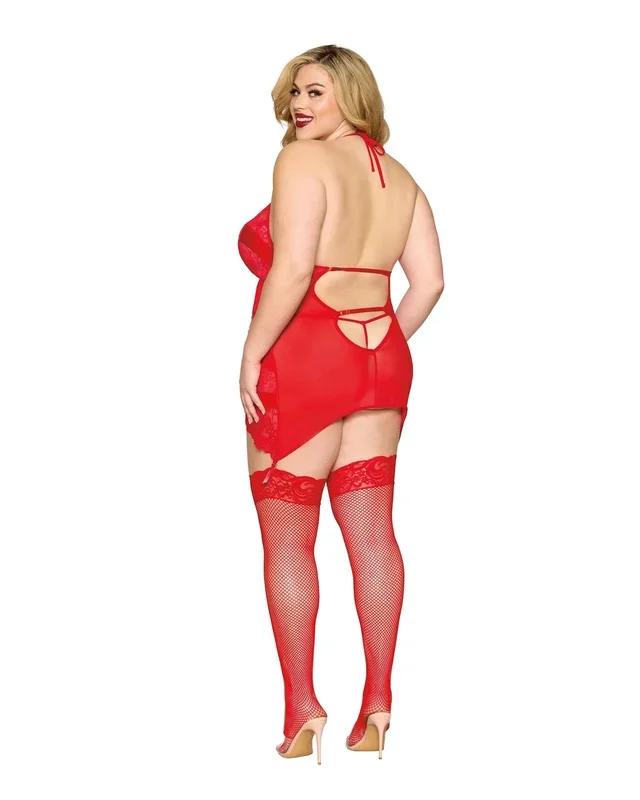 Garter Slip and G-String Dmnd – One Size Queen – Red