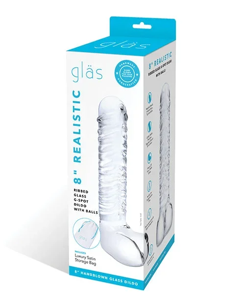 Glas 8″ Realistic Ribbed Glass G-Spot Dildo w/Balls – Clear