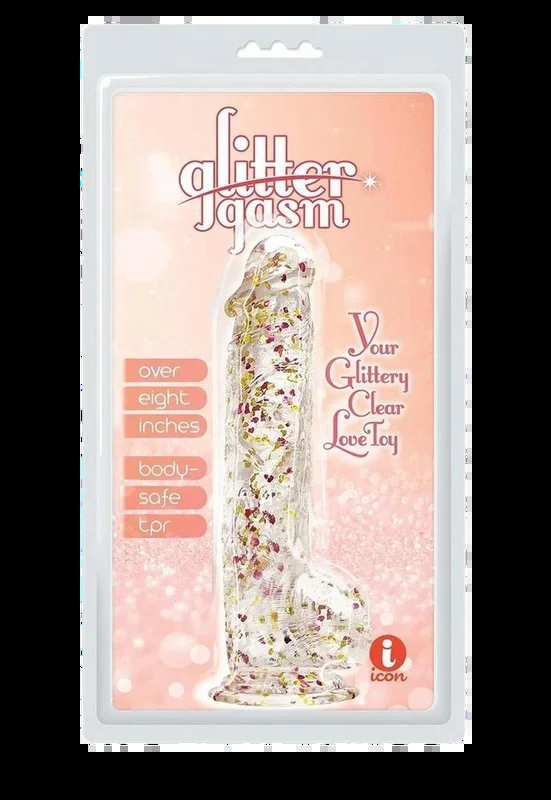 Glittergasm Realistic Clear Dildo with Balls and Suction Cup – Red/Orange/Golden Glitter