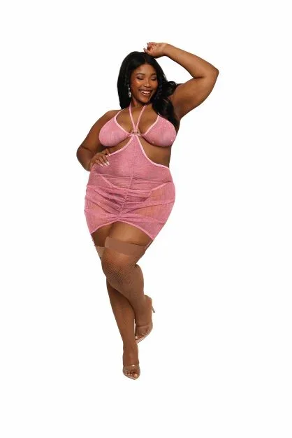 Iridescent Lurex Mesh Garter Slip & G-string Set Milkshake Pink