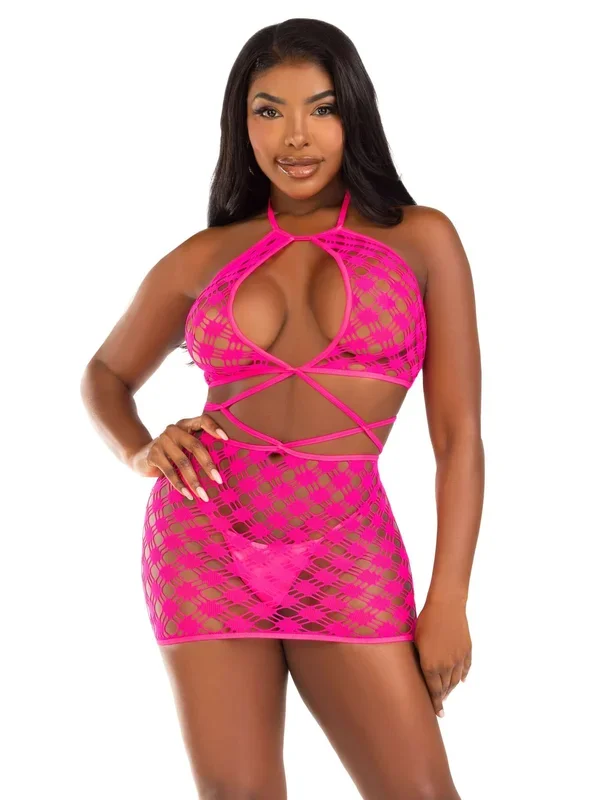 Keyhole Halter Hardcore Ney Mini Dress – One Size – Neon Pink