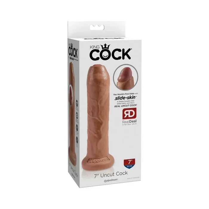 King Cock 7 in. Uncut Cock Realistic Dildo With Moveable Foreskin & Suction Cup Tan
