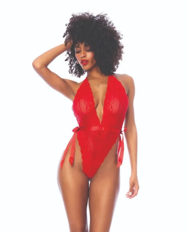 Lace Deep-V Halter Teddy w/Hook and Eye Crotch Closure – Red L/XL