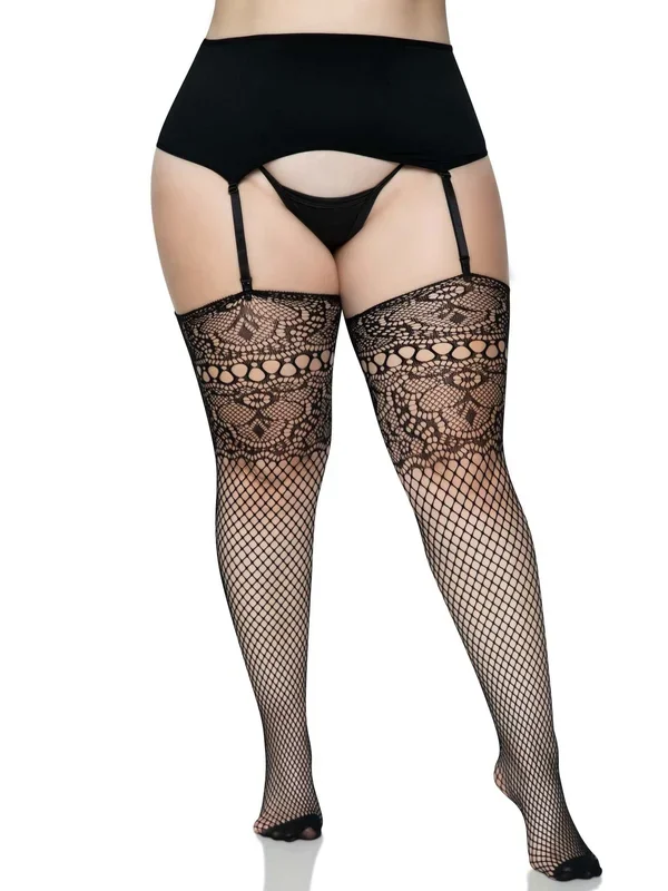 Lace Top Fishnet Backseam Stockings – 1x/2x – Black