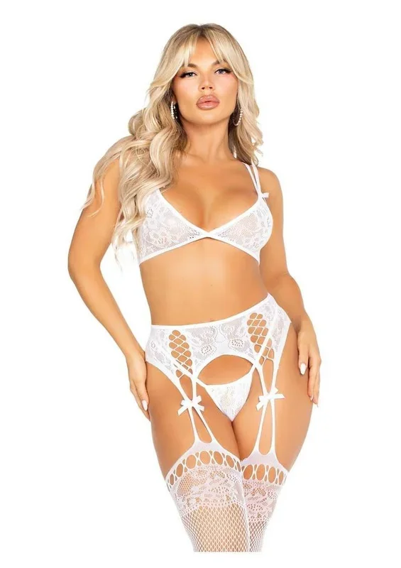 Leg Avenue Lace Bra Top with Dual Strap Detail G-String Panty and Lace Top Garter Belt Stockings