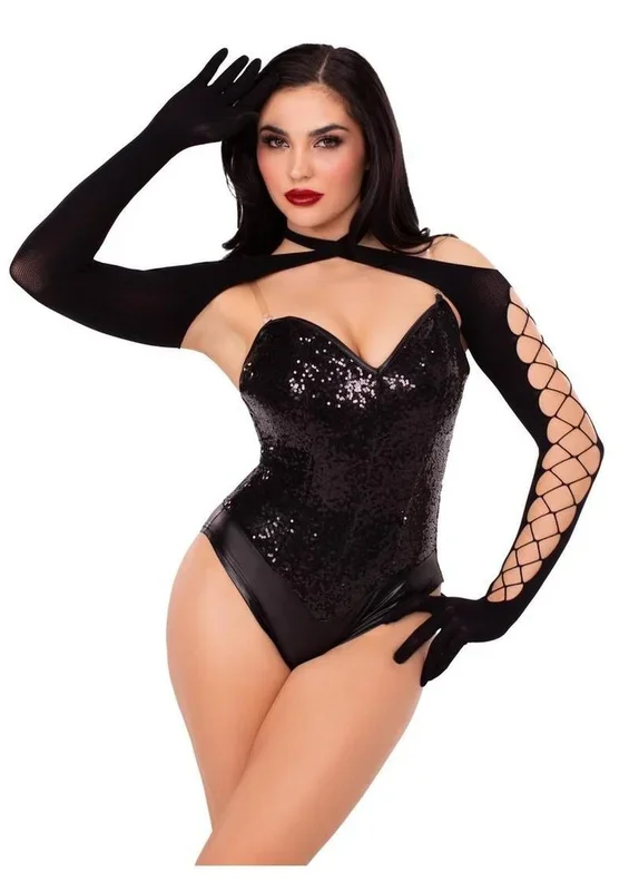 Leg Avenue Net and Opaque Cross-Over Halter Gloved Shrug