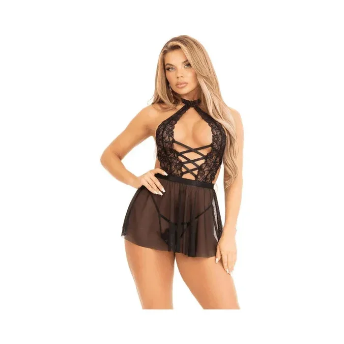 Leg Avenue Plunging Lace Halter Babydoll with Sheer Skirt and Lace G-String