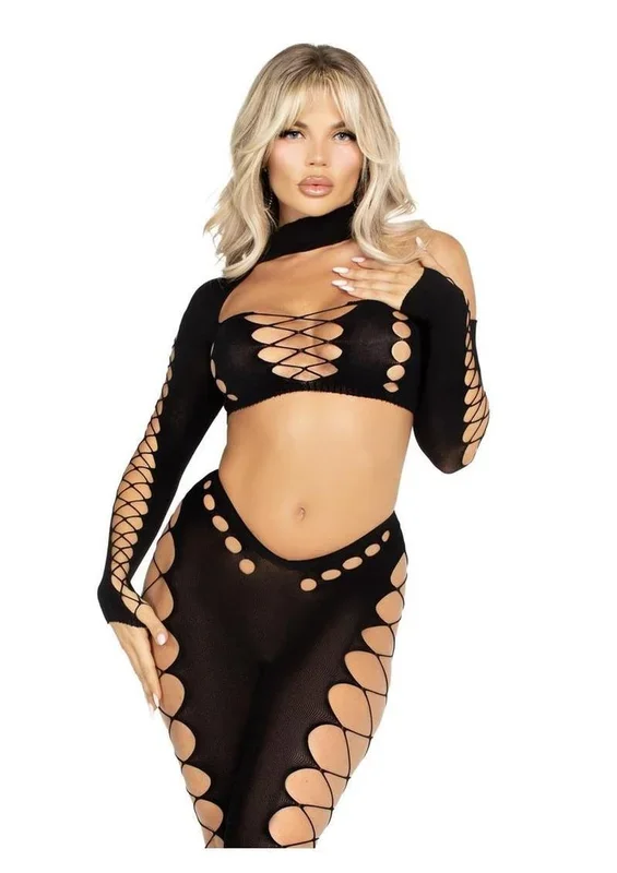 Leg Avenue Seamless Asymmetrical Cut Out Crop Top and Footless Tights