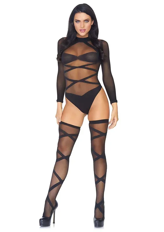 Leg Avenue Sheer Criss Cross Bodysuit with Matching Thigh High