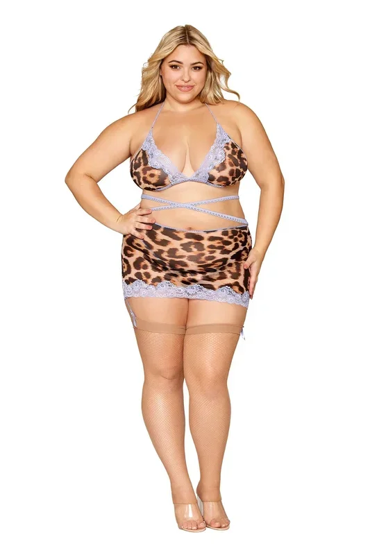 Leopard Bralette With Garter Skirt and G-String – Queen Size – Leopard
