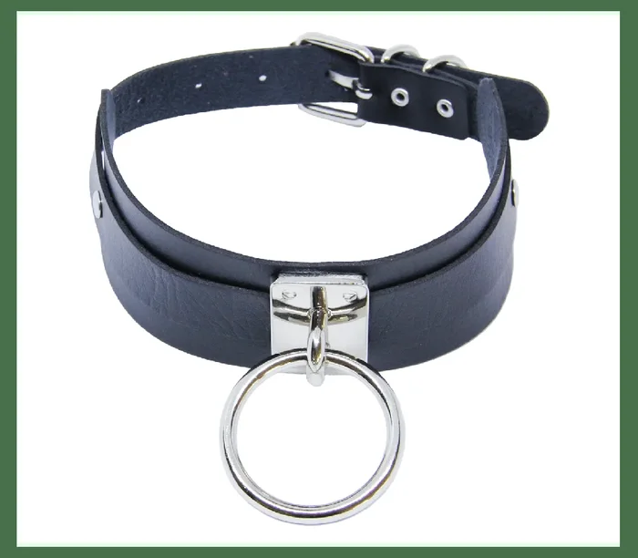 Love in Leather Black Leather Choker Wide Adjustable Collar with Silver Centre O Ring One Size
