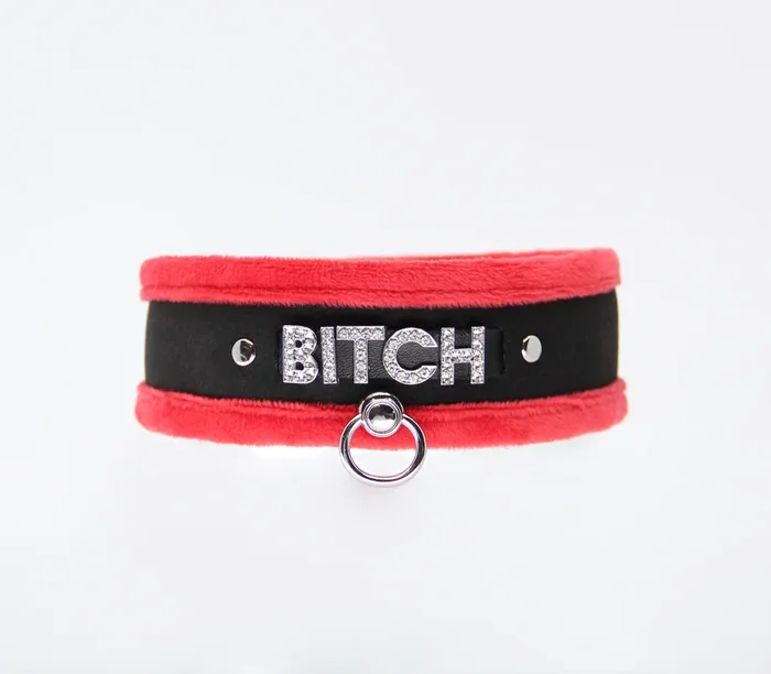 Love in Leather Fluffy Diamante BITCH Collar Red Black with O Ring