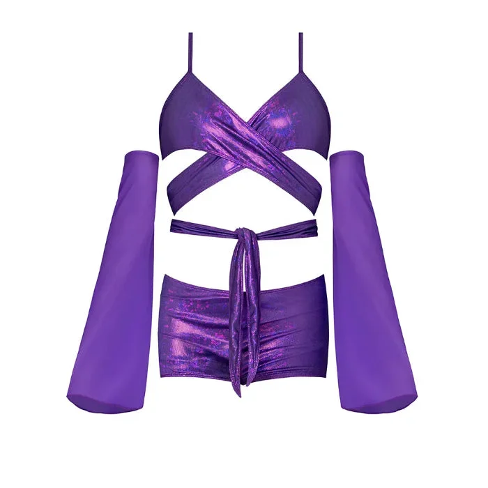 Magic Silk Disco Glimmer Wrap Bralette, Booty Shorts & Sleeve Set
