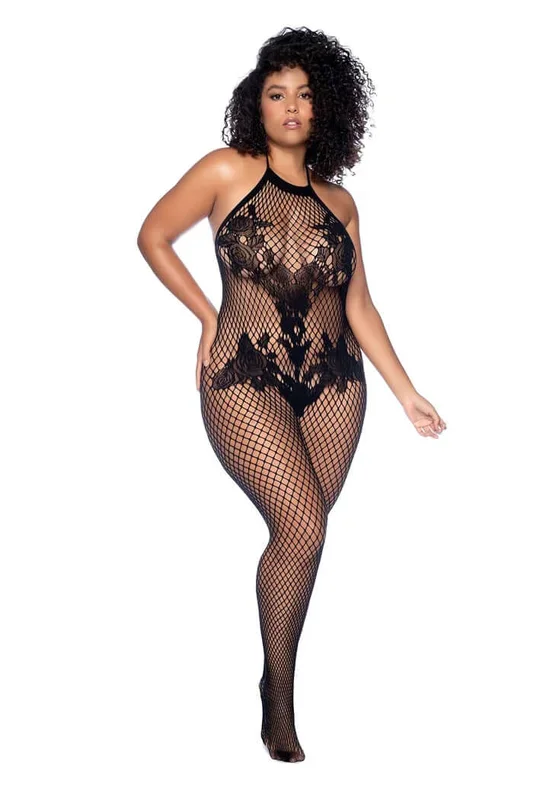 Mapale Vino Noir Floral Fishnet Bodystocking Queen Black