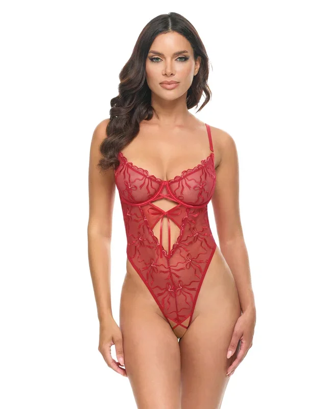 Mariah Embroidered Mesh Underwire Teddy – Burgundy MD