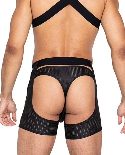Master Chaps w/Hook & Ring Closure & Rear Cut Out (Thong Not Included) – Black SM