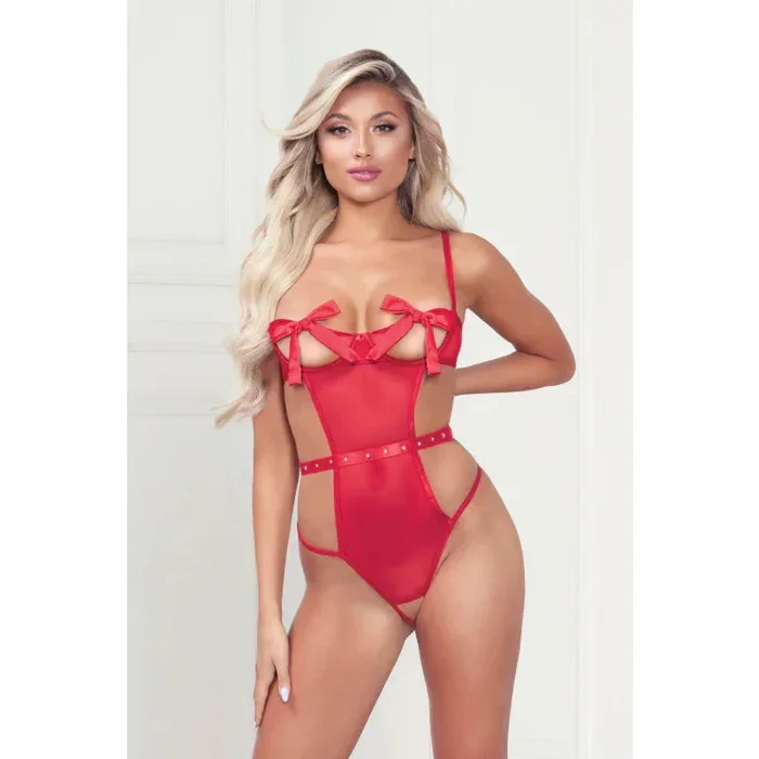 Mesh Teddy With Underwire, Satin Ribbon Bows, Rhinestone Belt, Hook and Eye Back Closure, and Open Thong – One Size – Red
