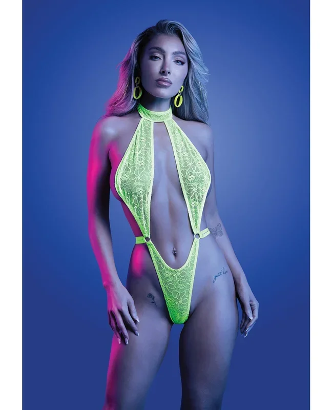 Mind Control UV Reactive Lace Halter Teddy – Neon Green M/L