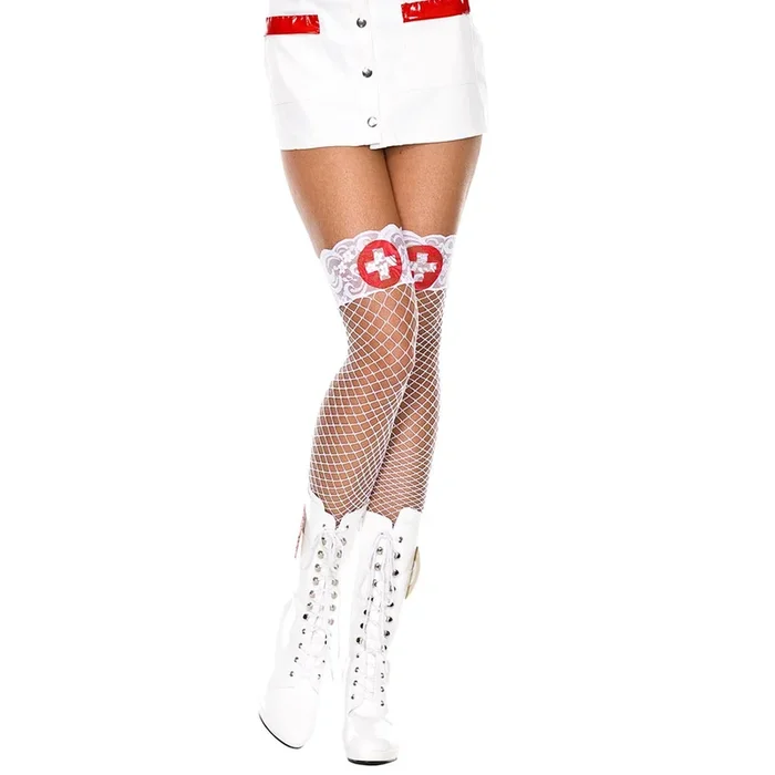 Music Legs Nurse Costume Diamond Net Lace Top Thigh-High Stockings
