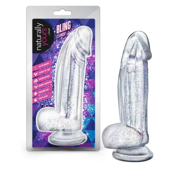 Naturally Yours | Bling 7.5 Inch Realistic Glitter Dildo – G-Spot & Anal Play – Suction Base & Harness Compatible – In Clear