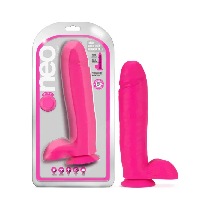 Neo 10 in. Dual Density Dildo with Balls Neon Pink